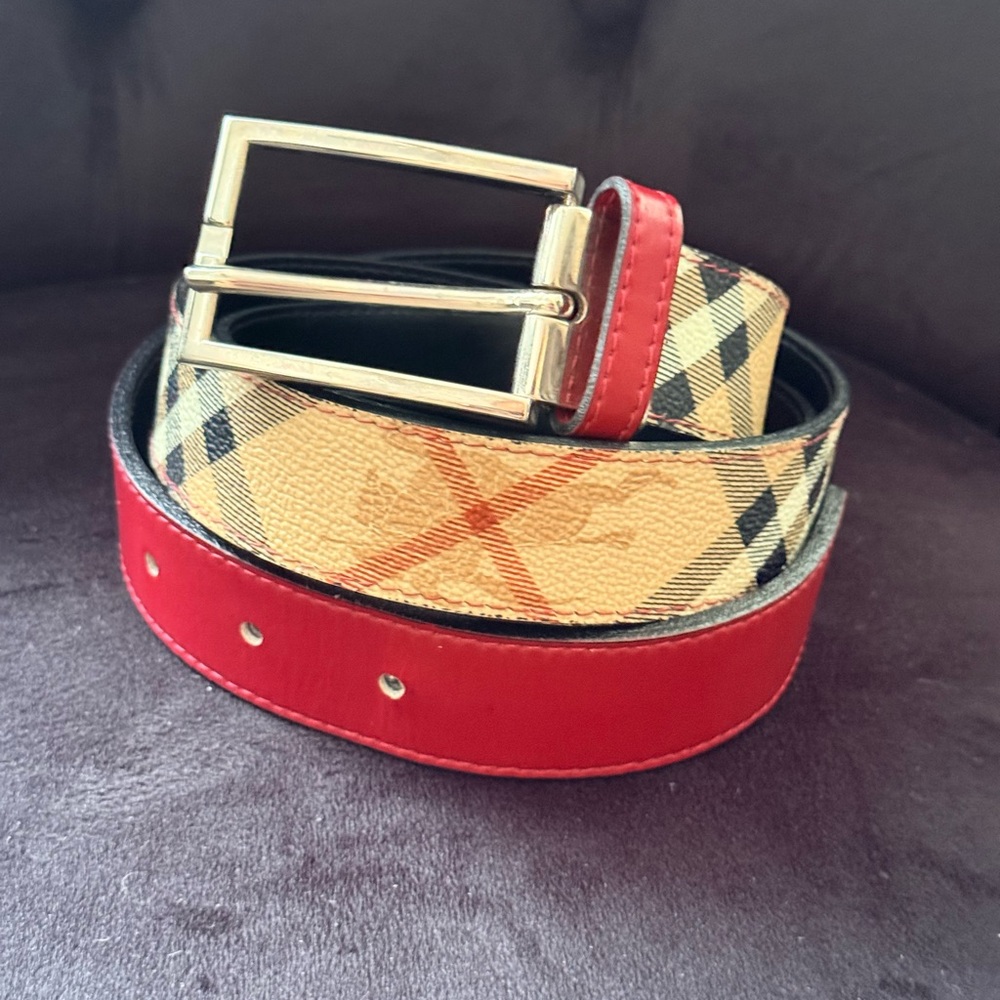 Burberry Red Trim Vintage Check Leather Belt with Silver Buckle